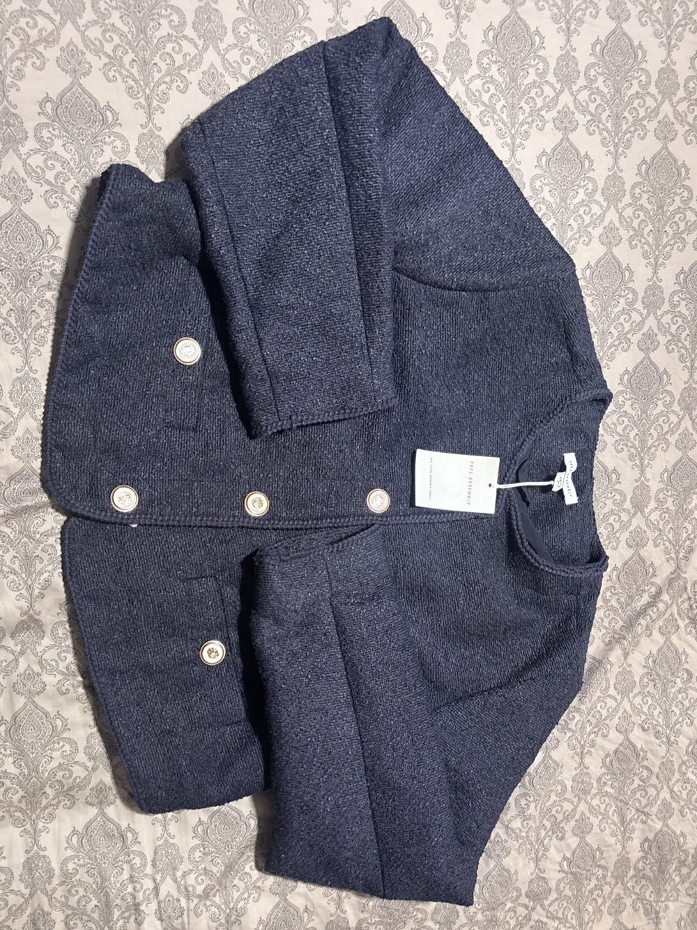 Free Assembly Women's Navy Tweed Cropped Jacket Pea Coat in Blue Size Medium NWT